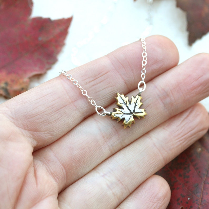 Strength Jewelry Fine Silver and Gold Pendant Botanical Charm Autumn Leaves Maple Leaf Necklace Two Tone
