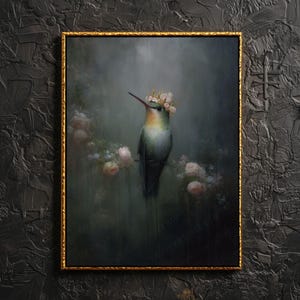 Lámina de pájaro coronado <3 // Póster de colibrí encantado, lienzo brumoso, póster de naturaleza brumosa, Academia oscura y melancólica