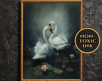 The Heart Swans<3 Swan Couple Wall Art Moody Swan Lovers Painting Swan Master Bedroom Wall Decor Swan Dark Academia Wedding Anniversary Gift