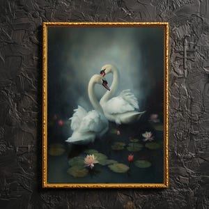 The Heart Swans <3 - Coppia di cigni, stampa artistica da parete, amanti dei cigni lunatici, regalo per anniversario di matrimonio di Dark Academia, decorazione da parete per camera da letto principale