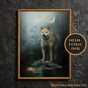 May include: A framed print featuring a Shiba Inu dog standing on lily pads in a pond under a crescent moon. The artwork has a soft, painterly style with a gold frame. The print includes the text "NON-TOXIC INK".