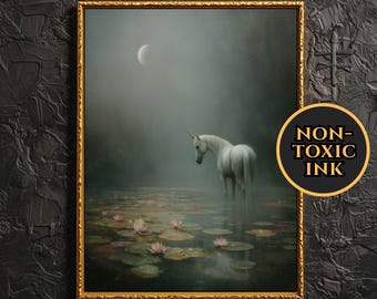 The Mistbound Unicorn &lt;3 Enchanted Unicorn Wall Art Mist Lily Pads Canvas Painting Foggy Nature Scene Poster Moody Dark Academia Print