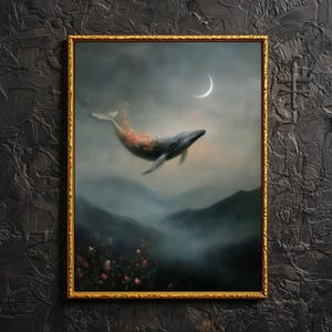 Blumenmotiv Wal im Himmel - Verzauberte Nebel Leinwand Gemälde, Neblig Naturszene Poster, Moody Dark Academia Druck