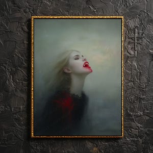 Arte murale "Ragazza Vampiro" <3 Opera d'arte di una donna vampiro assetata di sangue con le zanne, dipinto di una donna vampiro bionda, set da parete con galleria "Donna Oscura"