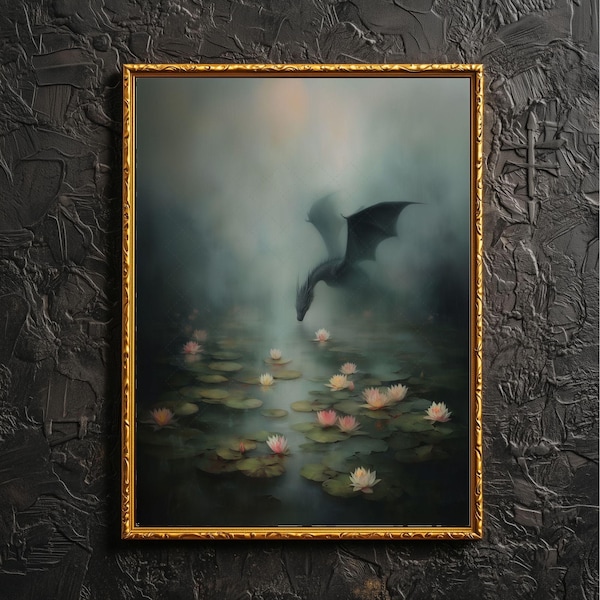 Misty Dragon Wall Art Goth etherisch dromerig wazig zacht licht bloemen grillig mysterie wezen reflectie mythologie minnaar housewarming cadeau