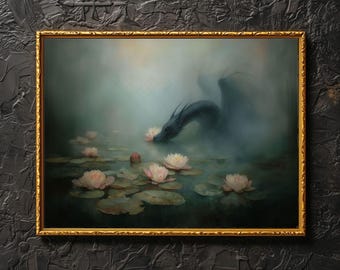 Mist Dragon Wall Art Horizontal Dragon Print Dark Fantasy Sea Creature Poster Botanical Majestic Water Serpent Mythological Monster Artwork