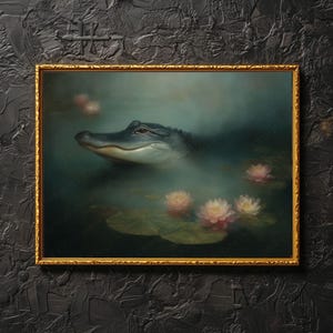 Decorazione murale con coccodrillo di loto <3 Coccodrillo gotico nello stagno, Opera d'arte con coccodrillo floreale, Stampa di coccodrillo malinconico, Dipinto di coccodrillo Dark Academia in regalo