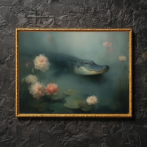 Decorazione murale con coccodrillo di loto <3 Coccodrillo gotico nello stagno, Opera d'arte con coccodrillo floreale, Stampa di coccodrillo malinconico, Dipinto di coccodrillo Dark Academia in regalo