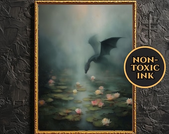 Misty Dragon Art Dark Academia Dragon Print Dark Fantasy Creature Mythological Beast Artwork Mysterious Dragon Painting Moody Mystical Decor