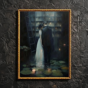 The Doom Wedding <3 - Stampa artistica da parete con coppia lunatica in biblioteca, regalo per sposi gotici di Dark Academia, dipinto di San Valentino gotico con amanti