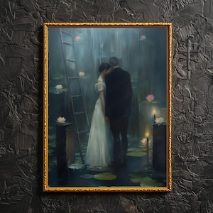 Decorazione murale per coppie di sposi <3 Stampa di coppia malinconica nello stagno, regalo per sposi gotici di Dark Academia, dipinto di amanti gotici per San Valentino