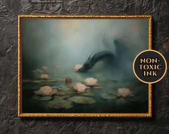 Mist Dragon Wall Art Horizontal Dragon Print Dark Fantasy Sea Creature Poster Water Dragon Gothic Lily Pond Mythological Monster Artwork