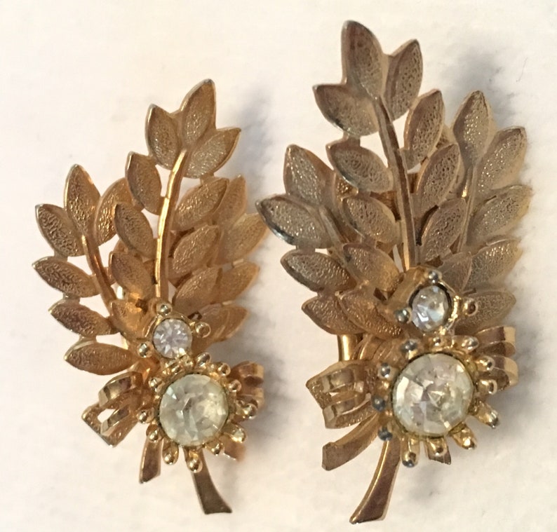 Leaves Rhinestones Clip Birthday Vintage Gift Gold-tone Sarah Coventry Earrings