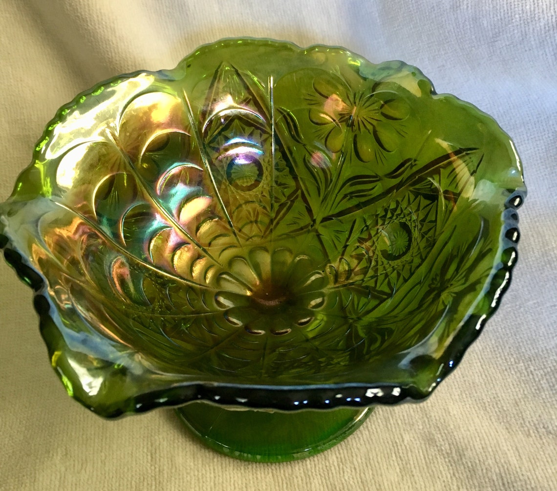Green Carnival Glass Compote Marked Imperial Glass Cut Etsy