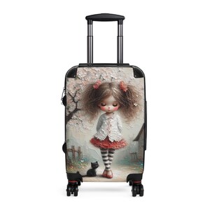Süßer illustrierter Koffer mit Mädchen- und Katzendesign, Reisegepäck, individuelles Handgepäck, perfekt für Kinder, einzigartiges Reisegeschenk