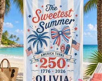Toalla de playa personalizada para viaje con amigos, toalla de playa con nombre personalizado, Este dulce verano, toalla de playa del 250 aniversario de Estados Unidos, regalo para vacaciones de verano en la playa
