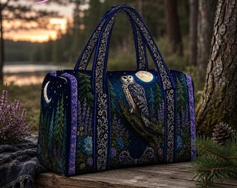Personalized Quilted Owl Duffel Bag, Quilted Owl Handbag, Custom Name Mystic Purple Owl Weekender, Whimsical Bird and Forest Shoulder Bag