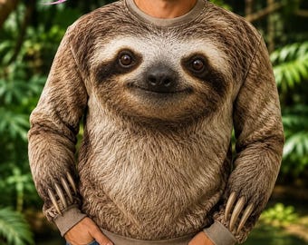 May include: A long-sleeve crewneck sweatshirt featuring a realistic, full-front photographic print of a sloth face with brown fur. The sleeve cuffs display a graphic of three-toed sloth claws. The text "URBAN TEECLUB" appears in the top left corner.