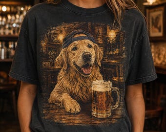 Custom Dog Drinking Beer Shirt Funny Vintage Pub Bar Design, Custom Pet Portrait Tee Beer Lover Gift for Pet Lover, Casual Unisex T-Shirt