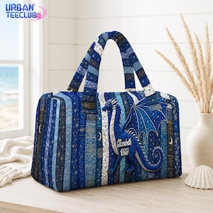 Personalized Fantasy Quilted Duffel Bag, Blue Dragon Weekender Bag, Gothic Travel Bag, Dark Academia Overnight Bag, Dragon Lover Gym Bag
