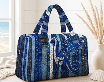 Personalized Fantasy Quilted Duffel Bag, Blue Dragon Weekender Bag, Gothic Travel Bag, Dark Academia Overnight Bag, Dragon Lover Gym Bag