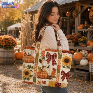 Vintage Pumpkin Fall Quilted Tote Bag, Pumpkin Sunflower Faux Patchwork Style Purse, Autumn Harvest Handbag, Thanksgiving Gift for Her