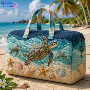 May include: A quilted duffel bag featuring a sea turtle motif with smaller turtles, starfish, and seashells on a gradient background of sand, light blue, and dark blue waves. The bag has two top handles and a side zipper closure.
