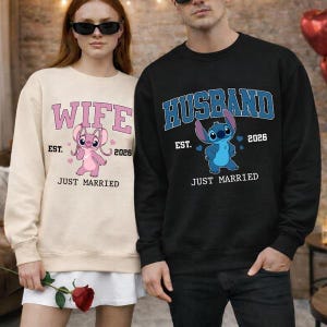 Husband Stitch Wife Angel Matching Couple Shirt, Disneyland Stitch Just Married Couple Tee, Disneyland Valentine Day Gift For Him For Her image 1
