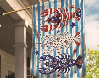 Bandera de jardín Patriot Coastal Lobster, bandera de casa Stars And Stripes, estandarte de langosta, decoración exterior costera para el 4 de julio en rojo, blanco y azul.