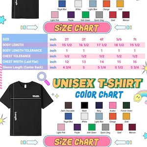 The image is a color chart for toddler t-shirts, displaying various color options and corresponding size charts. The chart provides measurements for different body lengths, chest widths, and sleeve lengths, as well as the corresponding color options. The chart is designed to help parents and caregivers choose the appropriate size and color for a toddler's t-shirt based on their child's measurements.