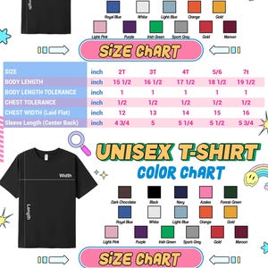 The image is a color chart for toddler t-shirts, displaying various color options and corresponding size charts. The chart provides measurements for different body lengths, chest widths, and sleeve lengths, as well as the corresponding color options. The chart is designed to help parents and caregivers choose the appropriate size and color for a toddler's t-shirt based on their child's measurements.