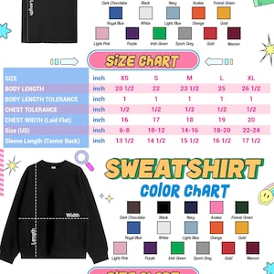 The image is a colorful and detailed size chart for a youth t-shirt, providing measurements and color options for different body sizes and preferences.