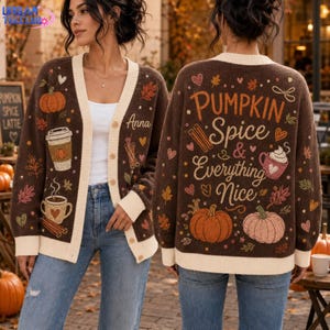 Personalized Cute Coffee Autumn Pumpkin Cardigan, Vintage Patchwork Sweater, Jack O Lantern Cardigan, Cozy Fall Sweater for Women 画像 1