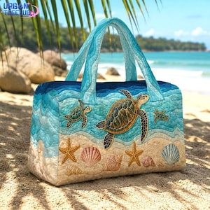 Quilted Sea Turtle Duffel Bag, Tropical Coastal Seashell Weekender, Beach Vacation Travel Bag, Sports Bag, Gift for Her, Turtle Lover Gift