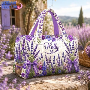 Personalized Lavender Patchwork Quilted Weekend Bag, Vintage Floral Botanical Travel Duffel Bag, Boho Flowers Overnight Bag Gift For Her