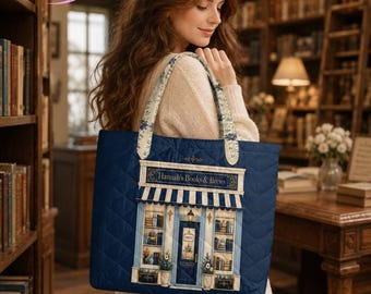 Custom Bookshop Tote Bag, Personalized Quilted Book Lover Gift, Vintage Floral Library Tote, Reader Bag Gift for Her, Book Club Tote