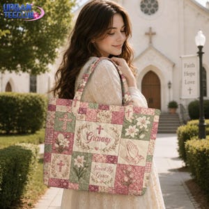 Personalized Faith Quilted Tote Bag, Christian Faux Patchwork Floral Bag, Custom Name Bible Verse Bag Gift for Women, Church Tote Bag