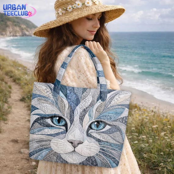 Personalized Cat Tote Bag, Quilted Cat Bag, Custom Name Pet Boho Handbag, Gift for Cat Lovers, Vintage Colorful Cat Art Bag, Pet Lover Tote