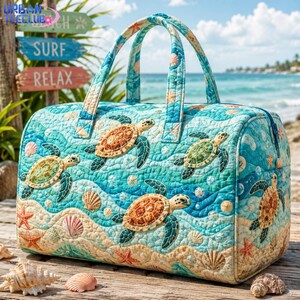 May include: A quilted duffel bag featuring a vibrant ocean-themed print with sea turtles, starfish, and seashells in shades of turquoise, blue, and tan. The bag has two top handles and a rectangular shape with a zippered closure along the top edge.
