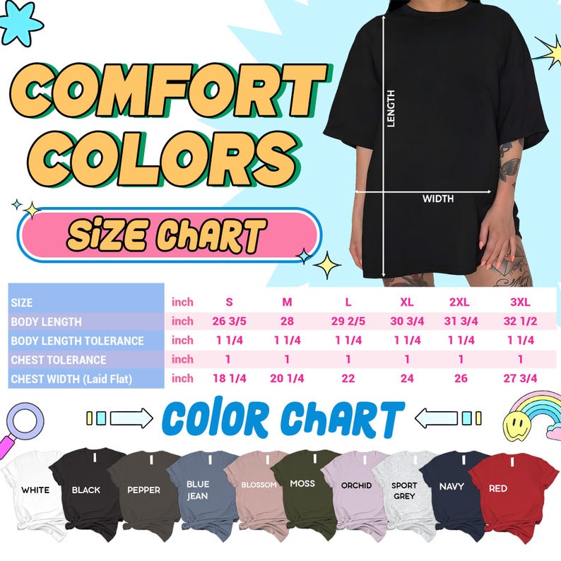 The image is a size chart for a black t-shirt, with a color chart below it. The chart provides measurements for different body lengths, chest widths, and tolerance levels, along with the corresponding t-shirt colors.