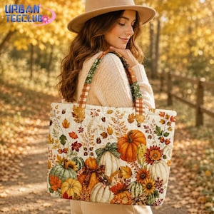Vintage Quilted Pumpkin Tote Bag, Boho Floral Tote Bag, Fall Autumn Harvest Handbag, Thanksgiving Market Bag, Gift for Mom