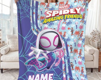 Personalized Spidey And His Amazing Friends Fleece Blanket, Ghost Spiders Custom Name Throw Blanket, Birthday, Superhero Fan Gift Blanket