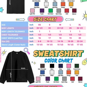 The image is a colorful and detailed size chart for a youth t-shirt, providing measurements and color options for different body sizes and preferences.