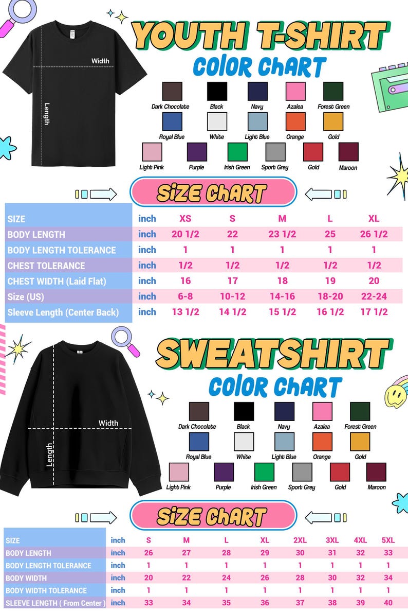 The image is a colorful and detailed size chart for a youth t-shirt, providing measurements and color options for different body sizes and preferences.