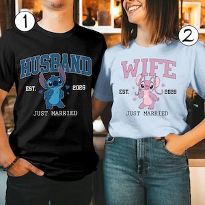 Husband Stitch Wife Angel Matching Couple Shirt, Disneyland Stitch Just Married Couple Tee, Disneyland Valentine Day Gift For Him For Her image 3