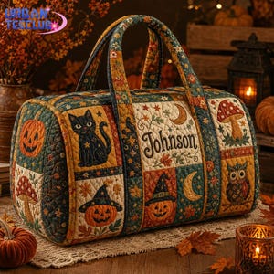 May include: A quilted duffel bag featuring a patchwork design with autumn-themed motifs including a black cat, jack-o'-lanterns, mushrooms, an owl, and crescent moons. The center panel displays the embroidered name Johnson in dark brown script.