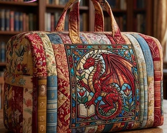 Fantasy Dragon Duffel Bag, Dragon Lover Travel Bag, Gothic Quilted Weekend Bag, Fantasy Art Gym Bag, Weekender Gift for Dragon Fans