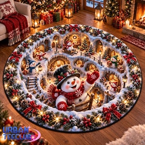 May include: A round area rug featuring a 3D-style Christmas village scene with multiple snowmen, pine trees, and glowing lanterns. A large central snowman wears a black top hat and red scarf, surrounded by a border of pine branches and red bows.