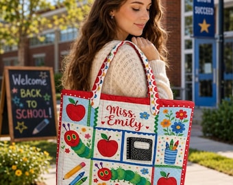 Personalized Very Hungry Caterpillar Quilted Tote Bag, Children's Book Inspired Teacher Bag, Custom Teacher Name Tote, Back To School Gift