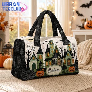 Personalized Halloween Haunted Mansion Quilted Tote Bag, Custom Name Gothic Castle Travel Bag, Spooky Season Overnight Bag Gift for Her
